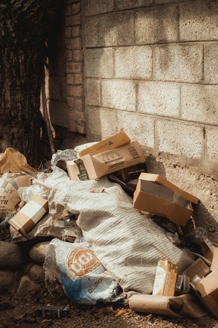 A pile of mixed waste materials and cardboard boxes, some torn or flattened, is situated against a rough brick and concrete wall, near the base of a tree. The rubbish includes packaging, paper bags, a