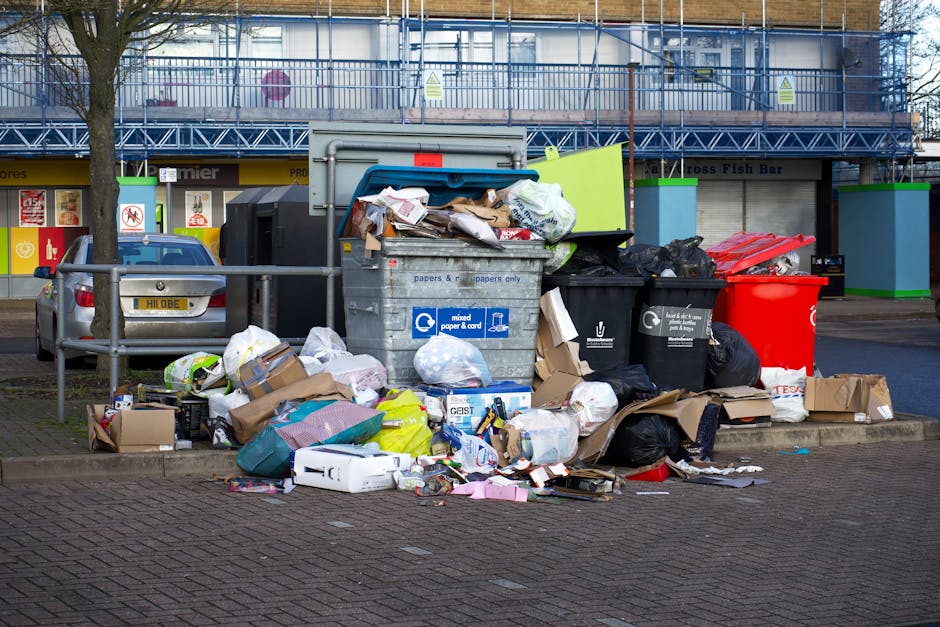 A narrow, urban alleyway filled with a large pile of mixed refuse and discarded materials behind a dense arrangement of makeshift barriers and stacked cardboard boxes. In the foreground, a large, worn